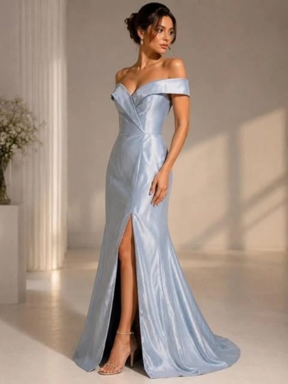 Alfred Sung D760 Mist Blue Off-the-Shoulder Short-Sleeve Gown - Picture 2 of 2